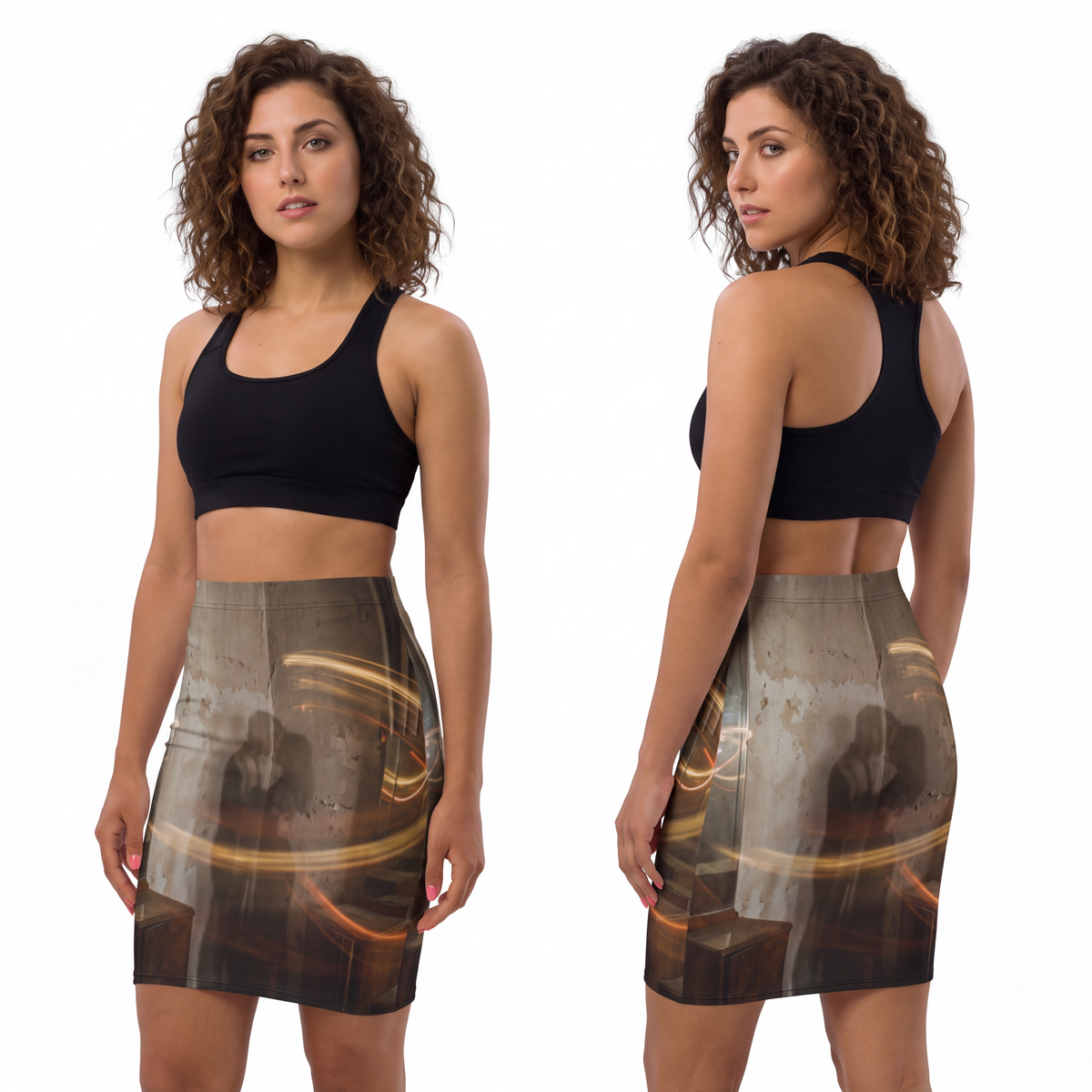 Women's Mid-Waist Pencil Skirt - Cinematic Golden Shadow......