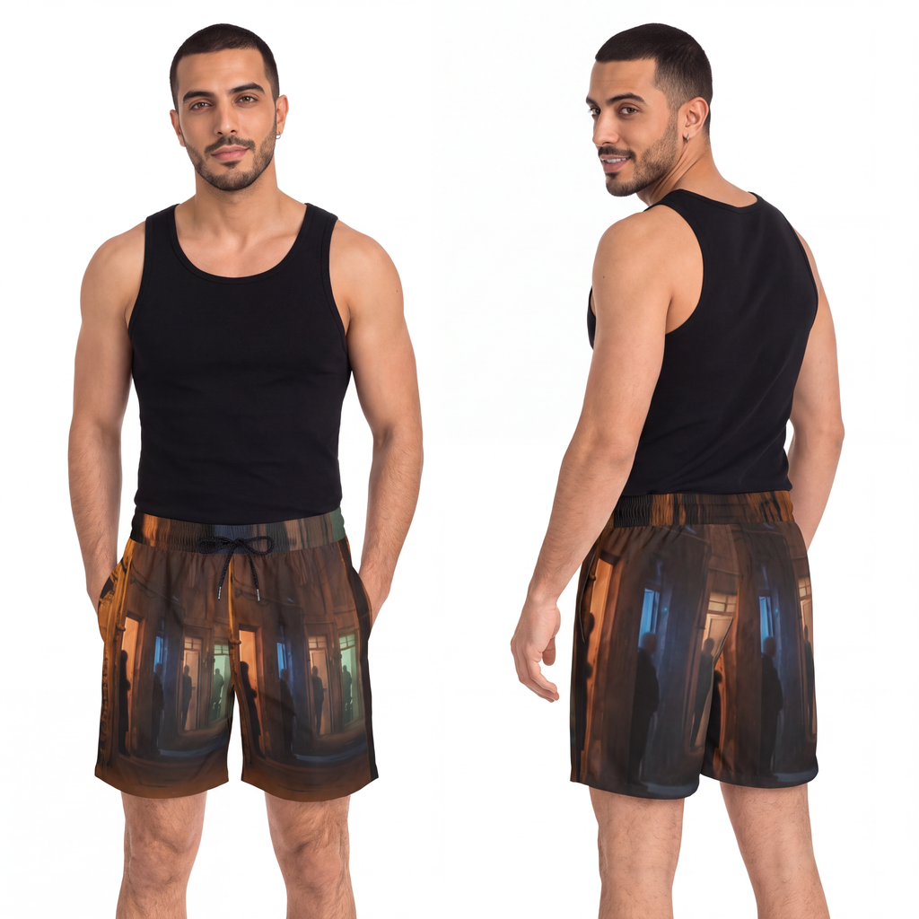 Men's Mid-Length Swim Shorts - Shadowed Alleyway Mystery Art...