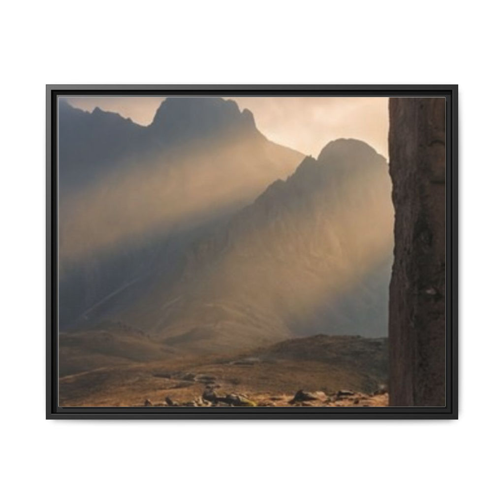 Matte Canvas, Framed - Ancient Stone Column Mountain Sunset Art (10×8, 12×9, 14×11, 16×12, 20×10, 18×12, 20×16, 24×16, 24×18, 36×12, 24×20, 32×16, 30×20, 30×24, 32×24, 48×16, 36×24, 48×24, 40×30, 60×20, 48×32, 60×30 & 60×40)