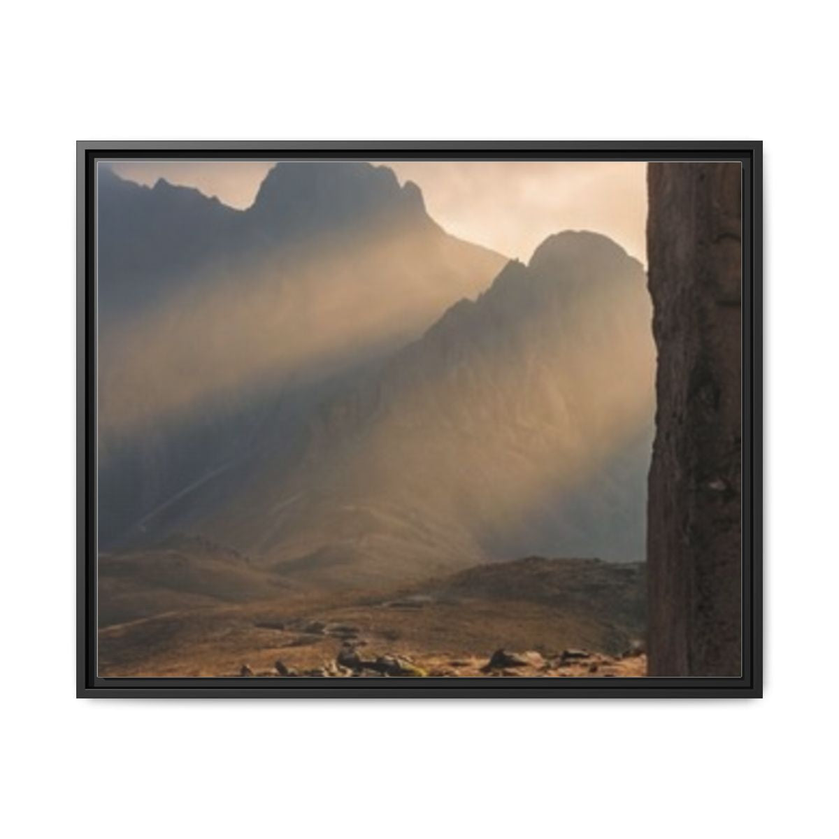 Matte Canvas, Framed - Ancient Stone Column Mountain Sunset Art (10×8, 12×9, 14×11, 16×12, 20×10, 18×12, 20×16, 24×16, 24×18, 36×12, 24×20, 32×16, 30×20, 30×24, 32×24, 48×16, 36×24, 48×24, 40×30, 60×20, 48×32, 60×30 & 60×40)