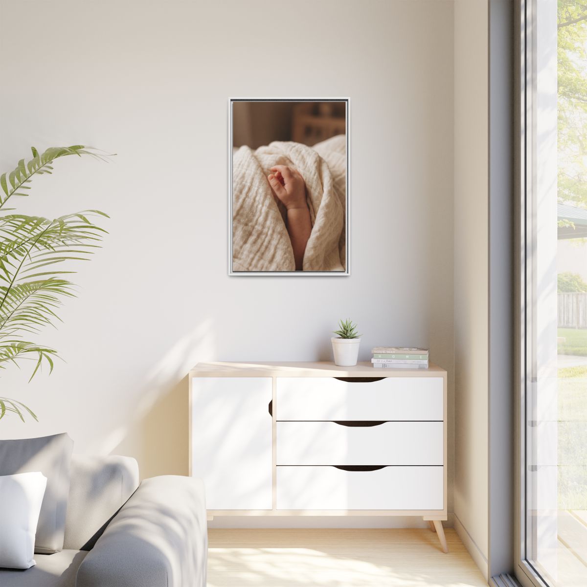 Matte Canvas, Framed - Tender Newborn Hand in Soft Muslin......