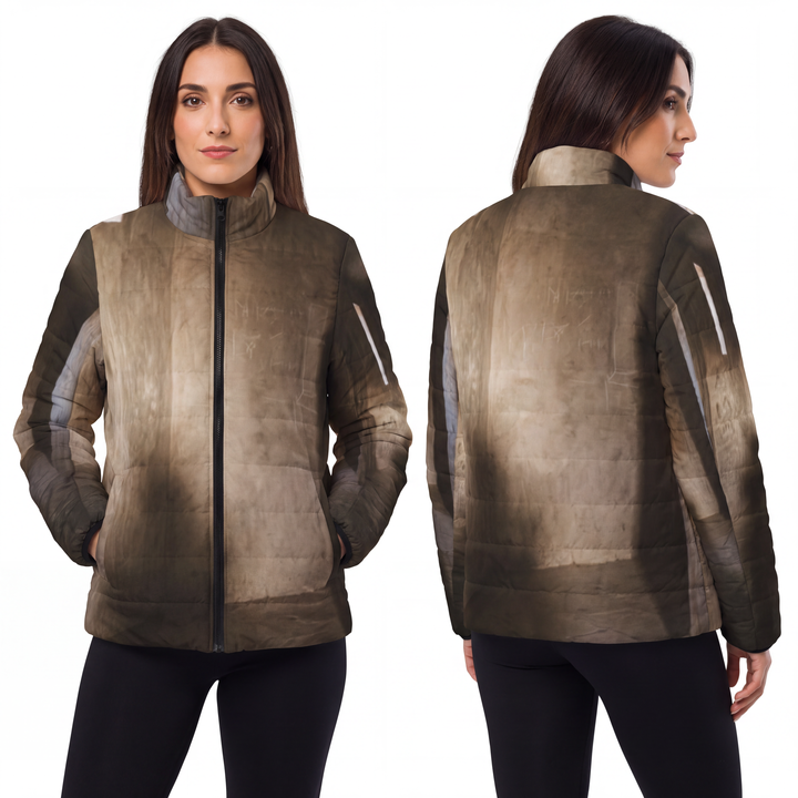 Women's Puffer Jacket - Shadows of the Citadel moody architectural print