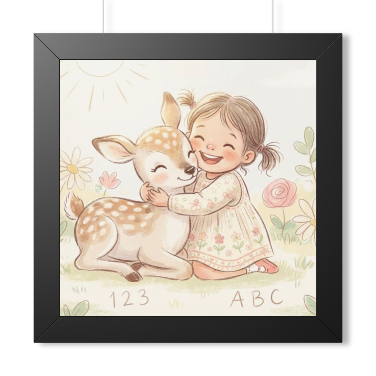 Framed Horizontal Poster - Gentle Hug Meadow Deer Art —... |...