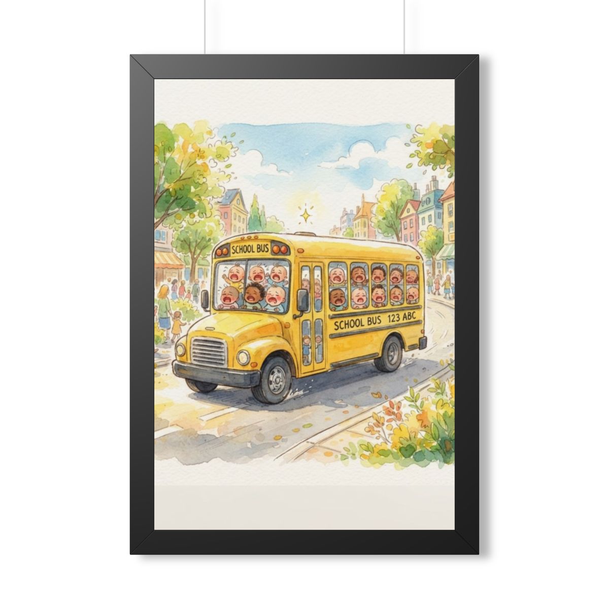 Framed Vertical Poster - Storybook School Bus Watercolor Art...