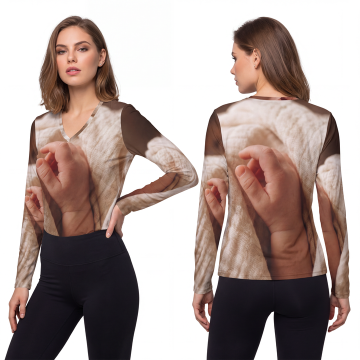 Women's Long Sleeve V-neck Shirt - Tender Newborn Hand in Soft Muslin Blanket