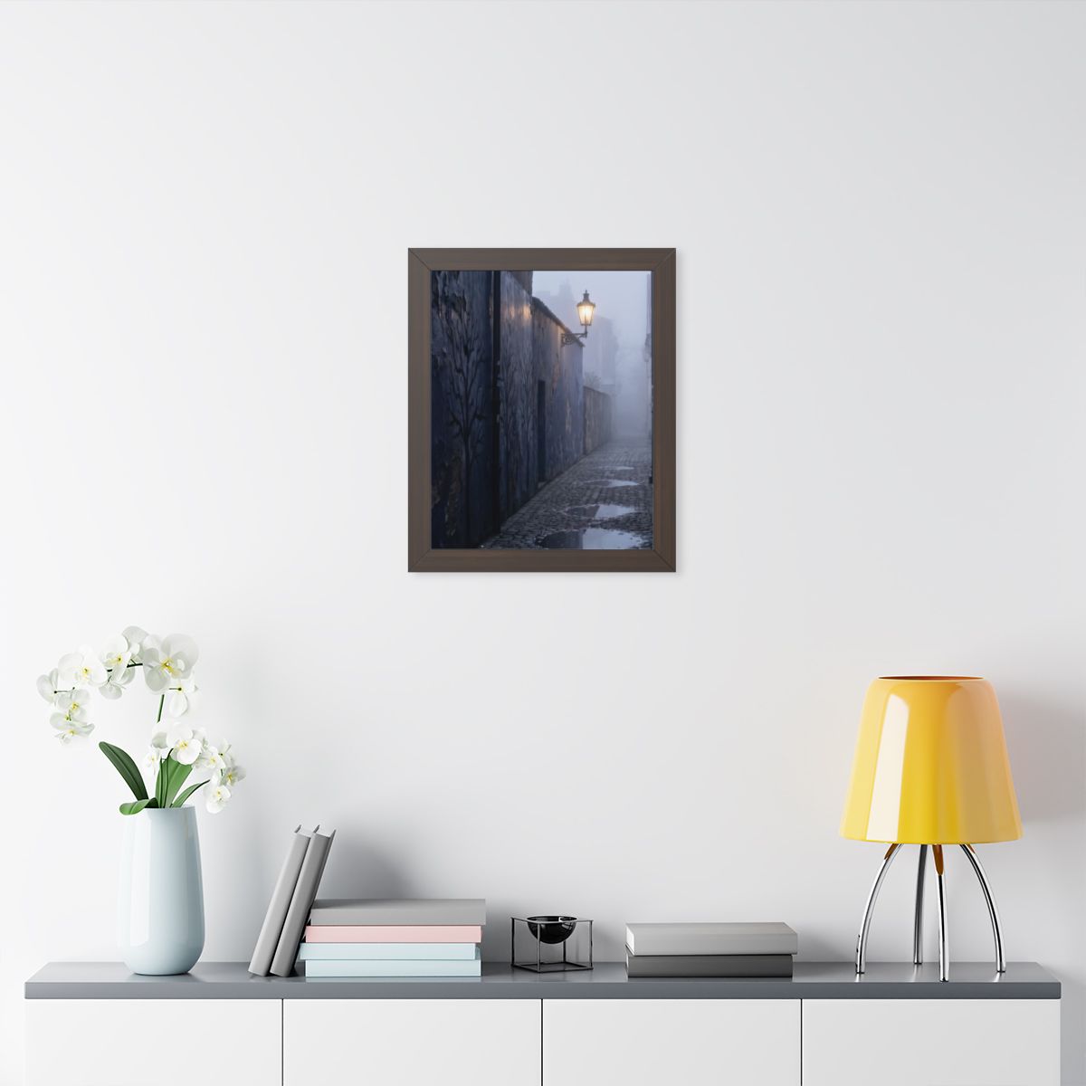Framed Vertical Poster - Cobblestone in Mist — Walnut... |...
