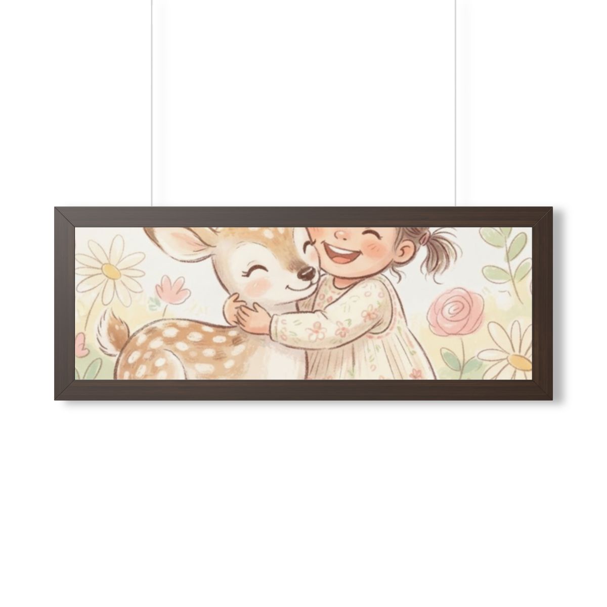Framed Horizontal Poster - Gentle Hug Meadow Deer Art —... |...