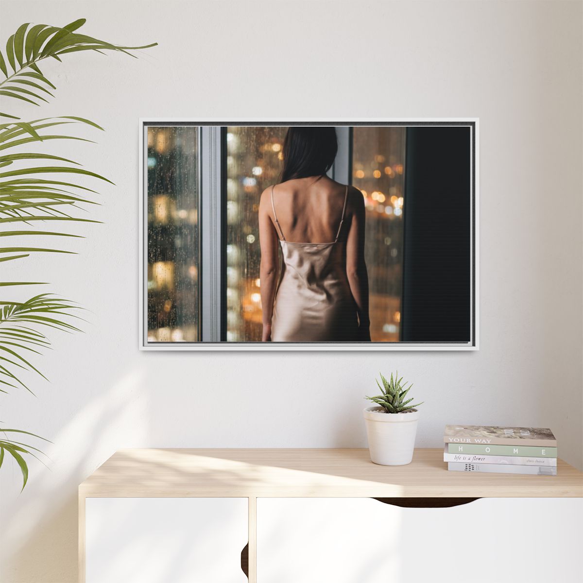 Matte Canvas, Framed - Rainy City lights Glow — White /... |...
