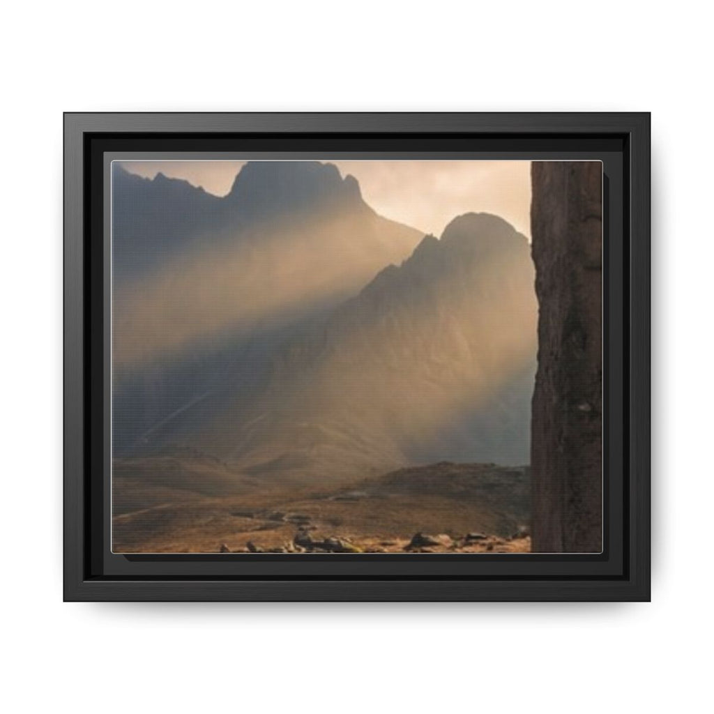 Matte Canvas, Framed - Ancient Stone Column Mountain Sunset Art (10×8, 12×9, 14×11, 16×12, 20×10, 18×12, 20×16, 24×16, 24×18, 36×12, 24×20, 32×16, 30×20, 30×24, 32×24, 48×16, 36×24, 48×24, 40×30, 60×20, 48×32, 60×30 & 60×40)
