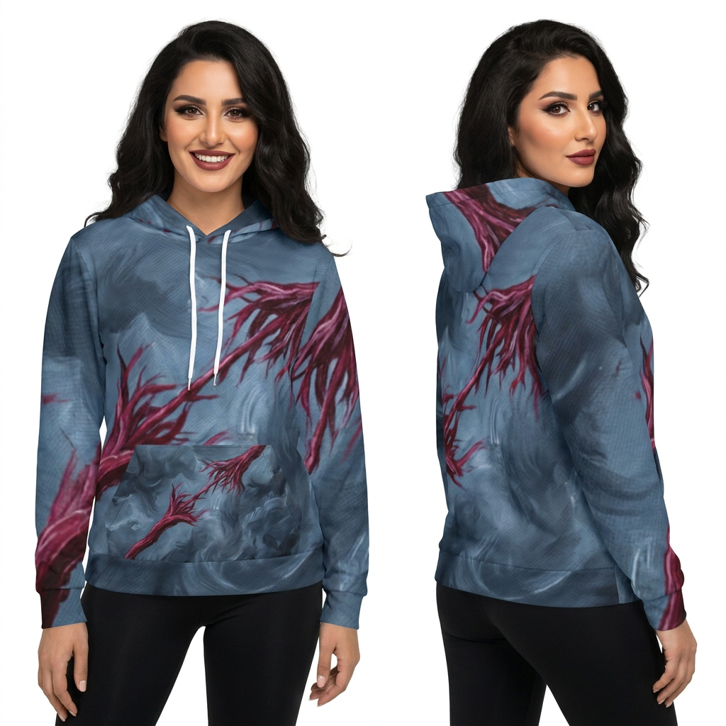 Women's Fashion Hoodie with Abstract Crimson Art