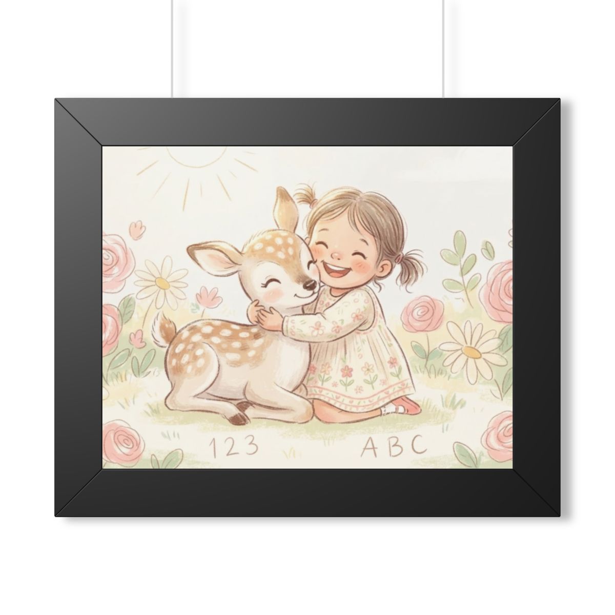 Framed Horizontal Poster - Gentle Hug Meadow Deer Art —... |...