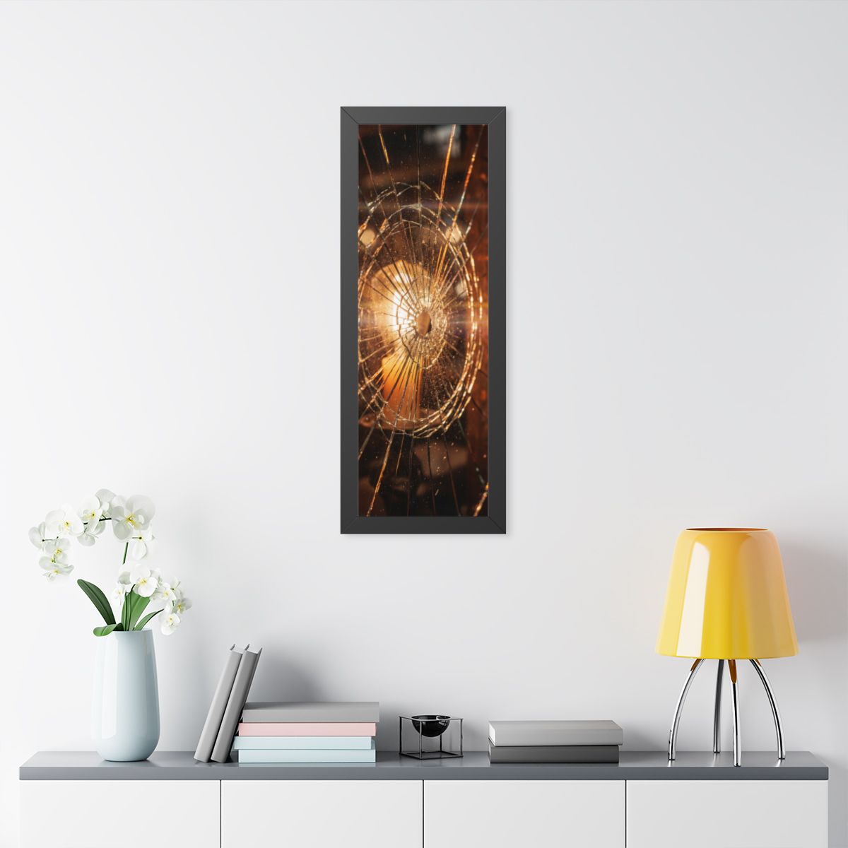 Framed Vertical Poster - Shattered Amber Glass Art — Black...