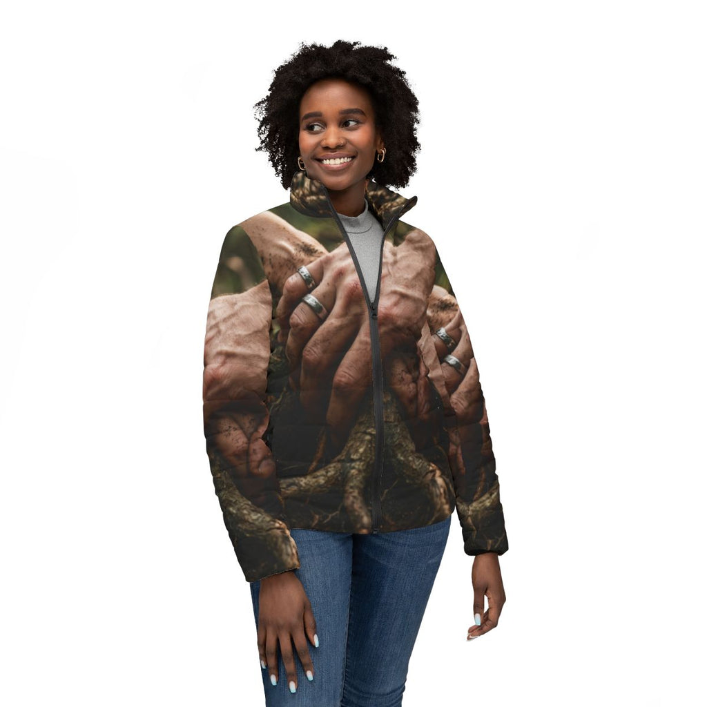 Women's Puffer Jacket with Forest Root Art