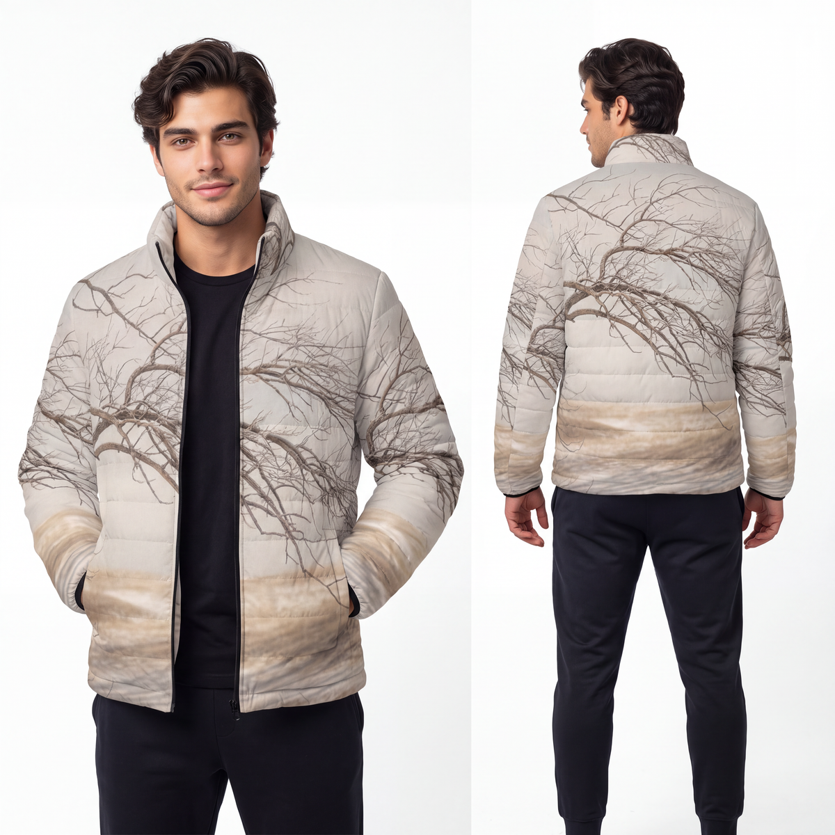 Men's Puffer Jacket - Winter Branch Solitude Landscape |...