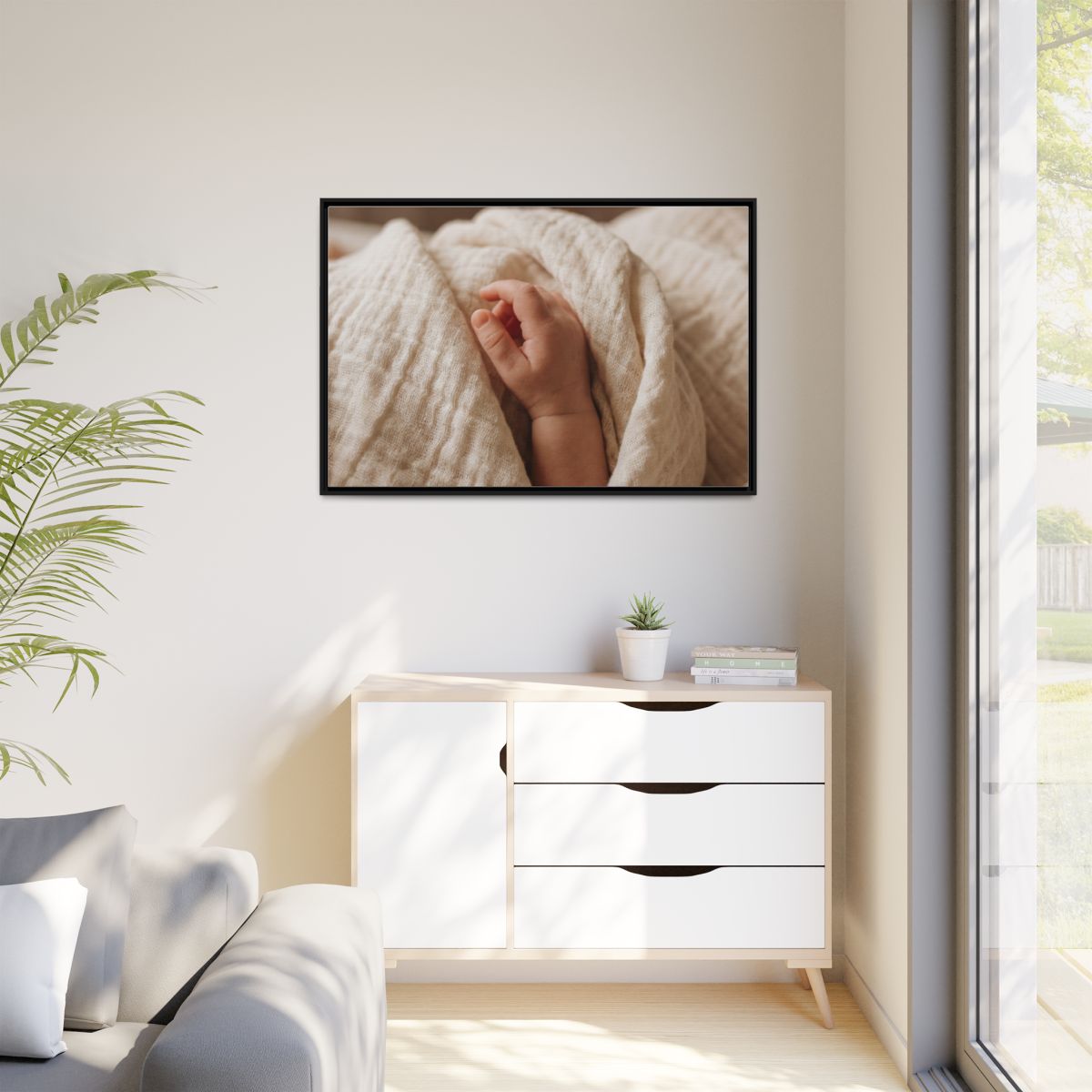 Matte Canvas, Framed - Tender Newborn Hand in Soft Muslin......