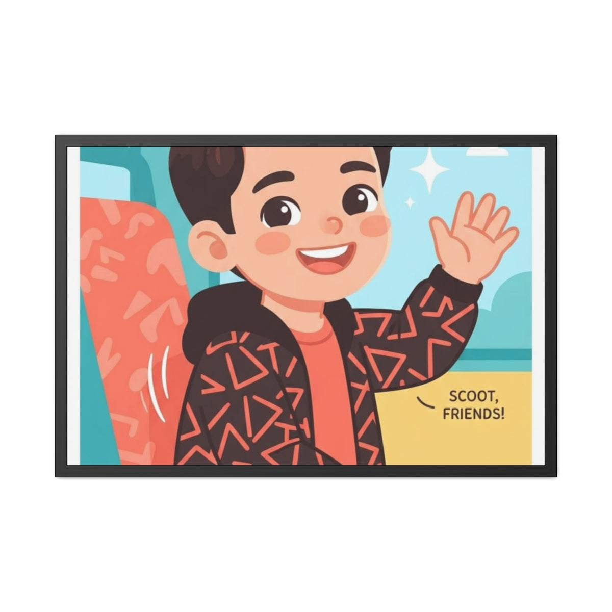 Framed Posters - Sunny Bus Ride Cheerful Boy Illustration —...