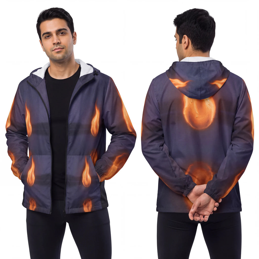 Men's Windbreaker Jacket with Flame Art