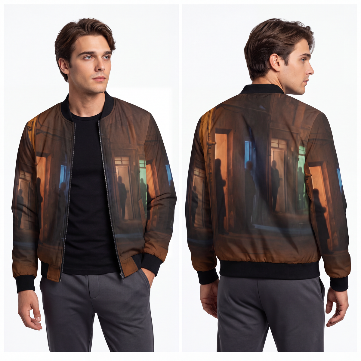 Men's Bomber Jacket - Shadowed Alleyway Mystery Art Print |...