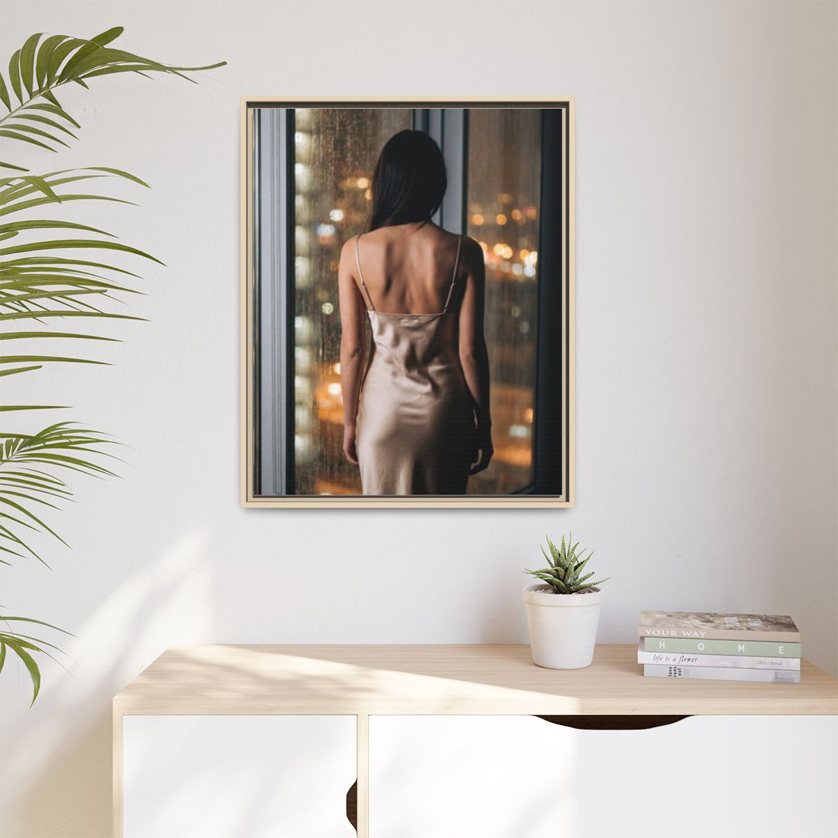 Matte Canvas, Framed - Rainy City lights Glow — Natural /......