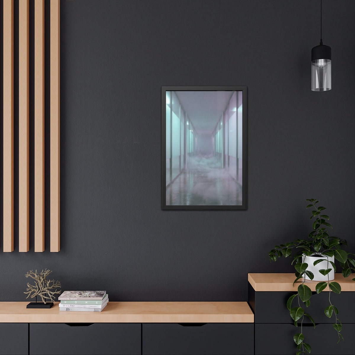 Framed Posters - Liminal Corridor Fog Art Print — Portrait...