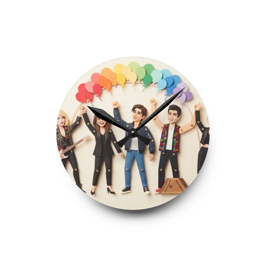 Acrylic Wall Clock - Papercraft Band Under Rainbow Balloons...