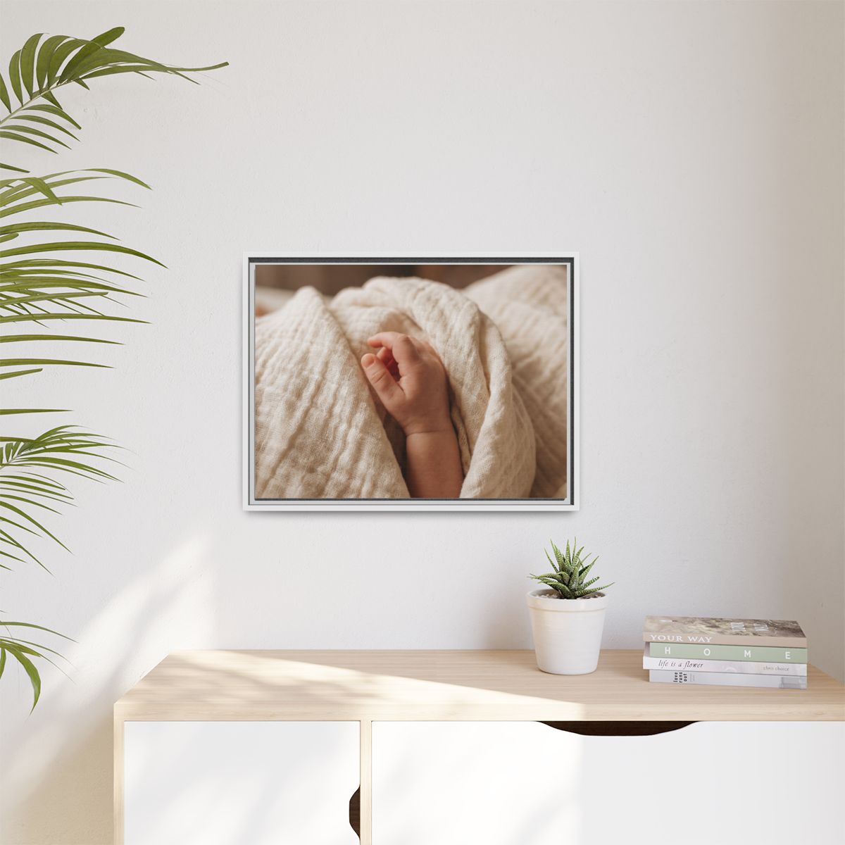 Matte Canvas, Framed - Tender Newborn Hand in Soft Muslin......