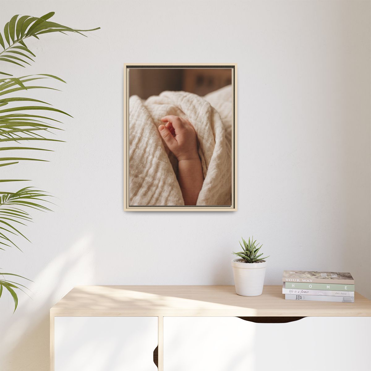 Matte Canvas, Framed - Tender Newborn Hand in Soft Muslin......