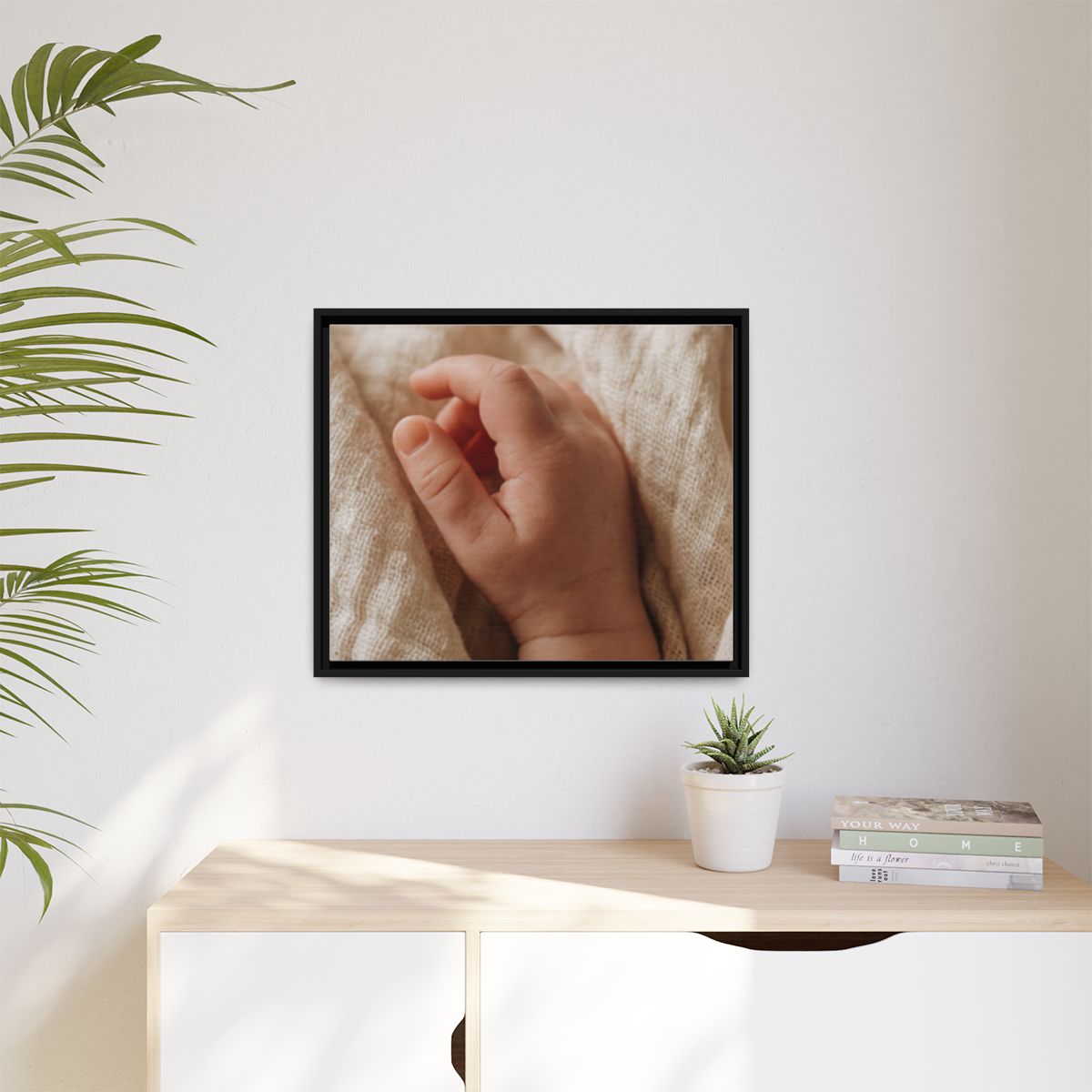 Matte Canvas, Framed - Tender Newborn Hand in Soft Muslin......
