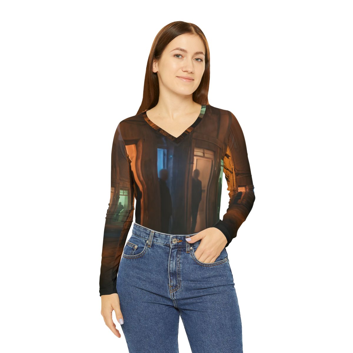 Women's Long Sleeve V-neck Shirt - Shadowed Alleyway Mystery...