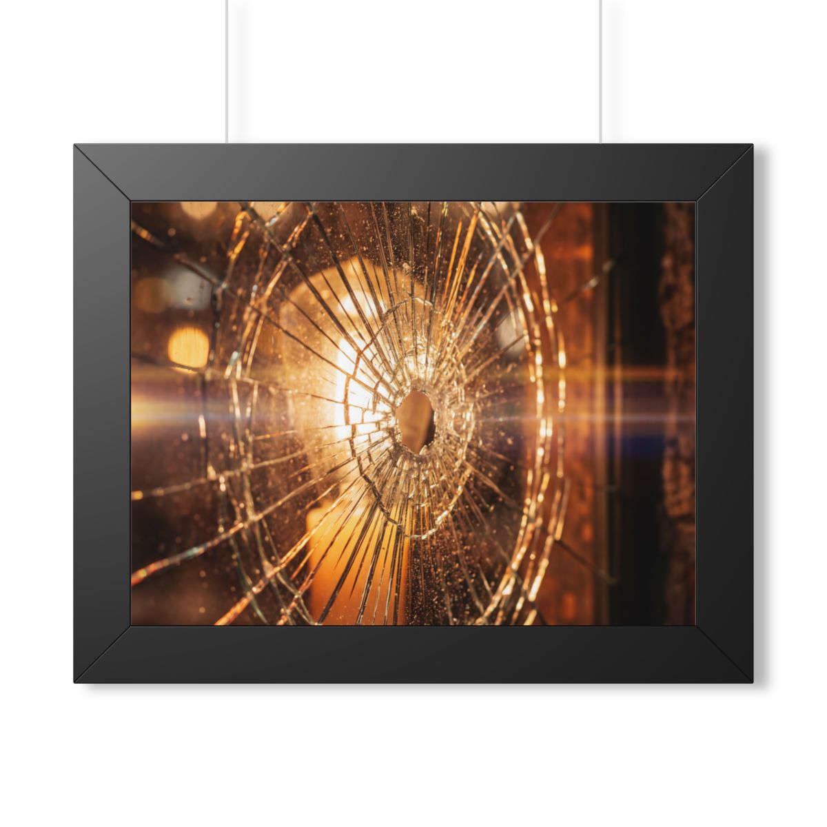 Framed Horizontal Poster - Shattered Amber Glass Art — Black...