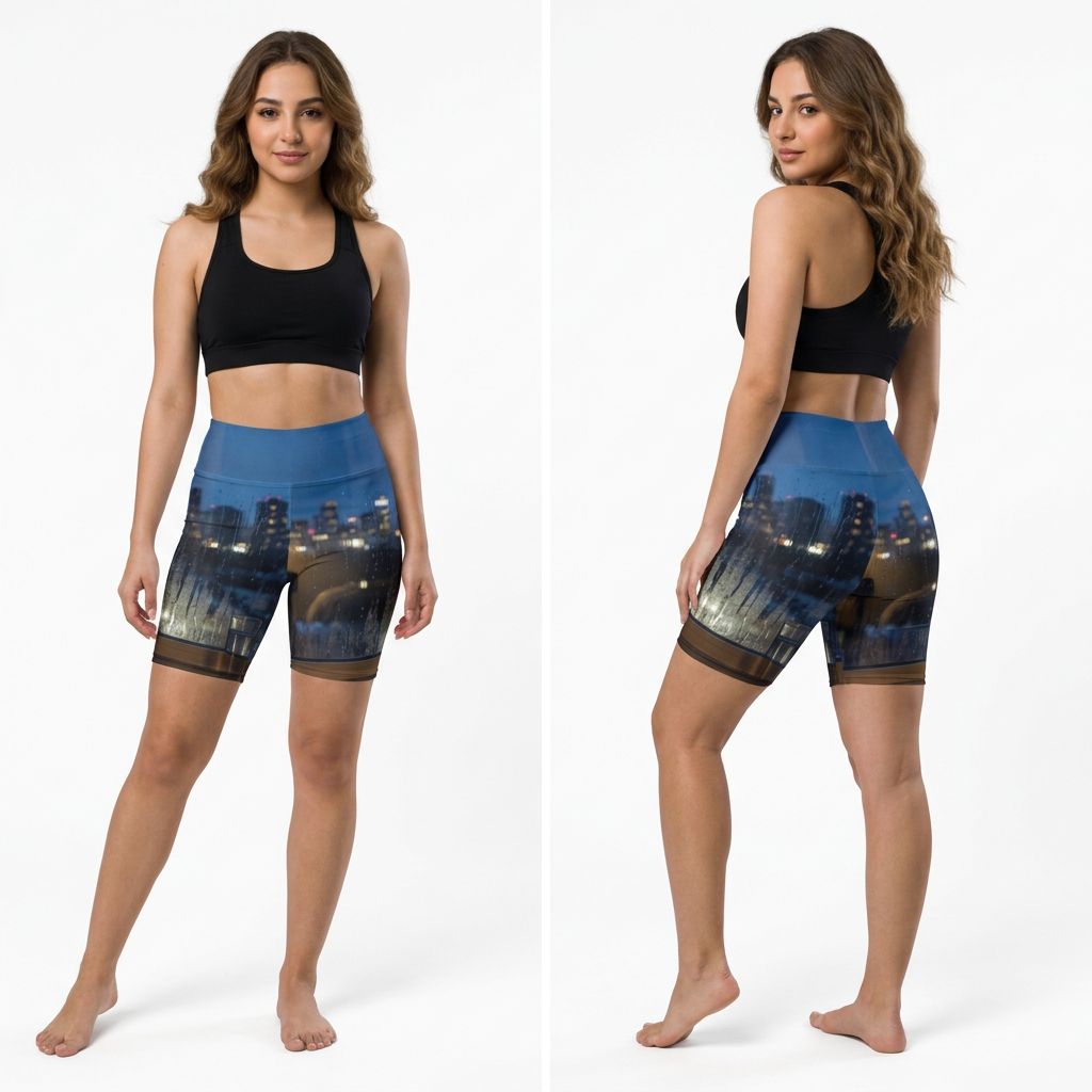 Women's Biker Shorts with Rainy City Skyline Art