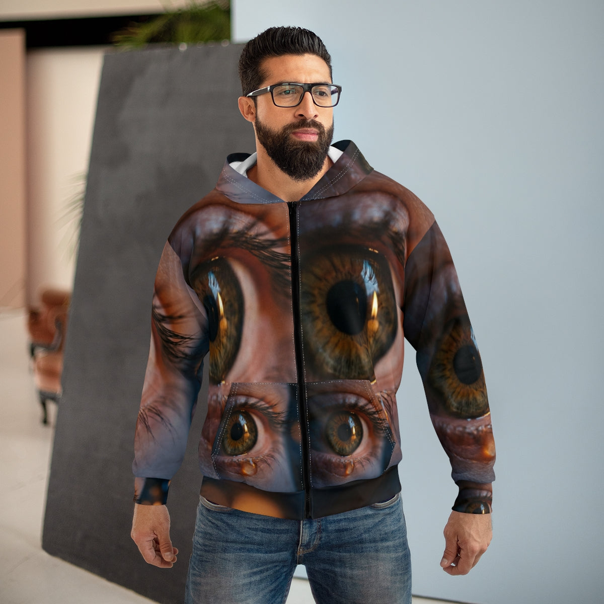 Unisex Kapuzenjacke mit Reißverschluss – Filmisches Augen-Design