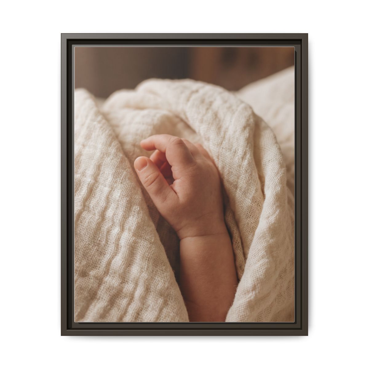 Framed Matte Canvas - Tender Newborn Hand (8×10, 9×12, 11×14, 12×16, 10×20, 12×18, 16×20, 16×24, 18×24, 12×36, 20×24, 16×32, 20×30, 24×30, 24×32, 16×48, 24×36, 24×48, 30×40, 20×60, 32×48, 30×60 & 40×60)