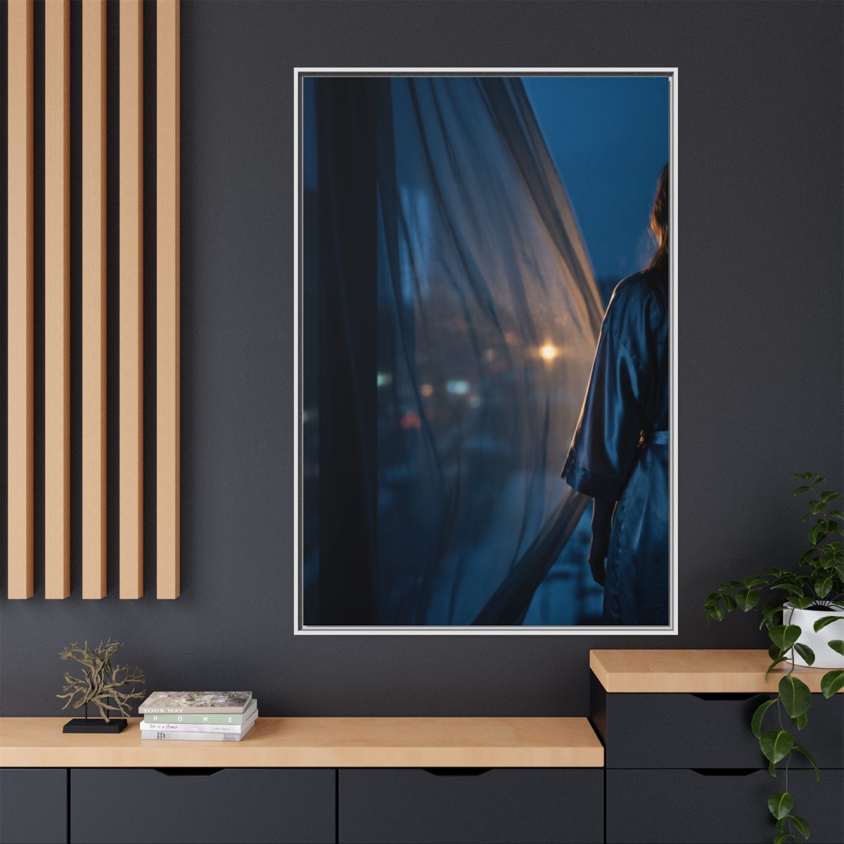 Matte Canvas, Framed - Nocturnal Solitude Silhouette — White...