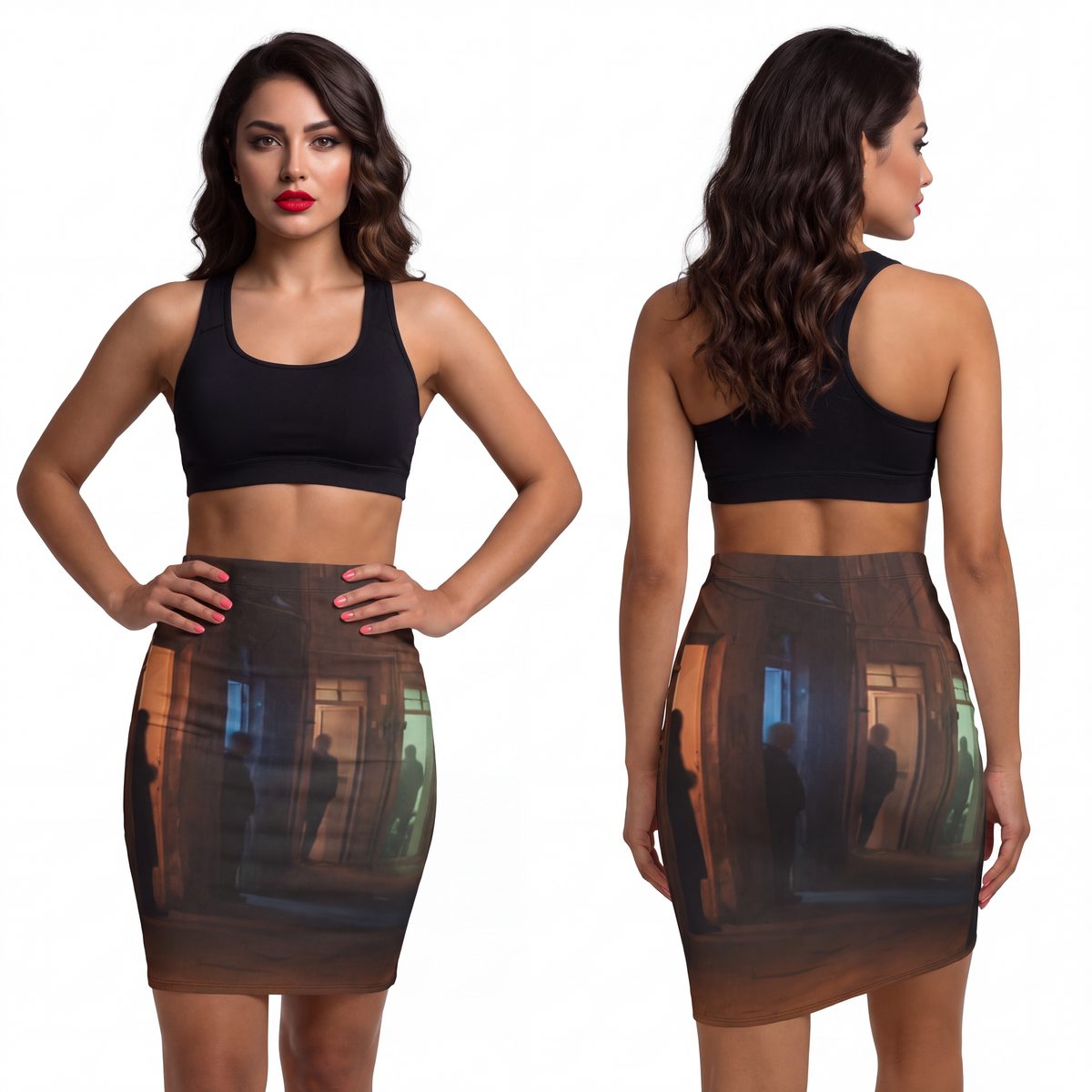 Women's Mid-Waist Pencil Skirt - Shadowed Alleyway Mystery...