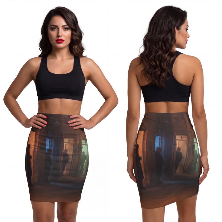 Women's Mid-Waist Pencil Skirt - Shadowed Alleyway Mystery Art Print