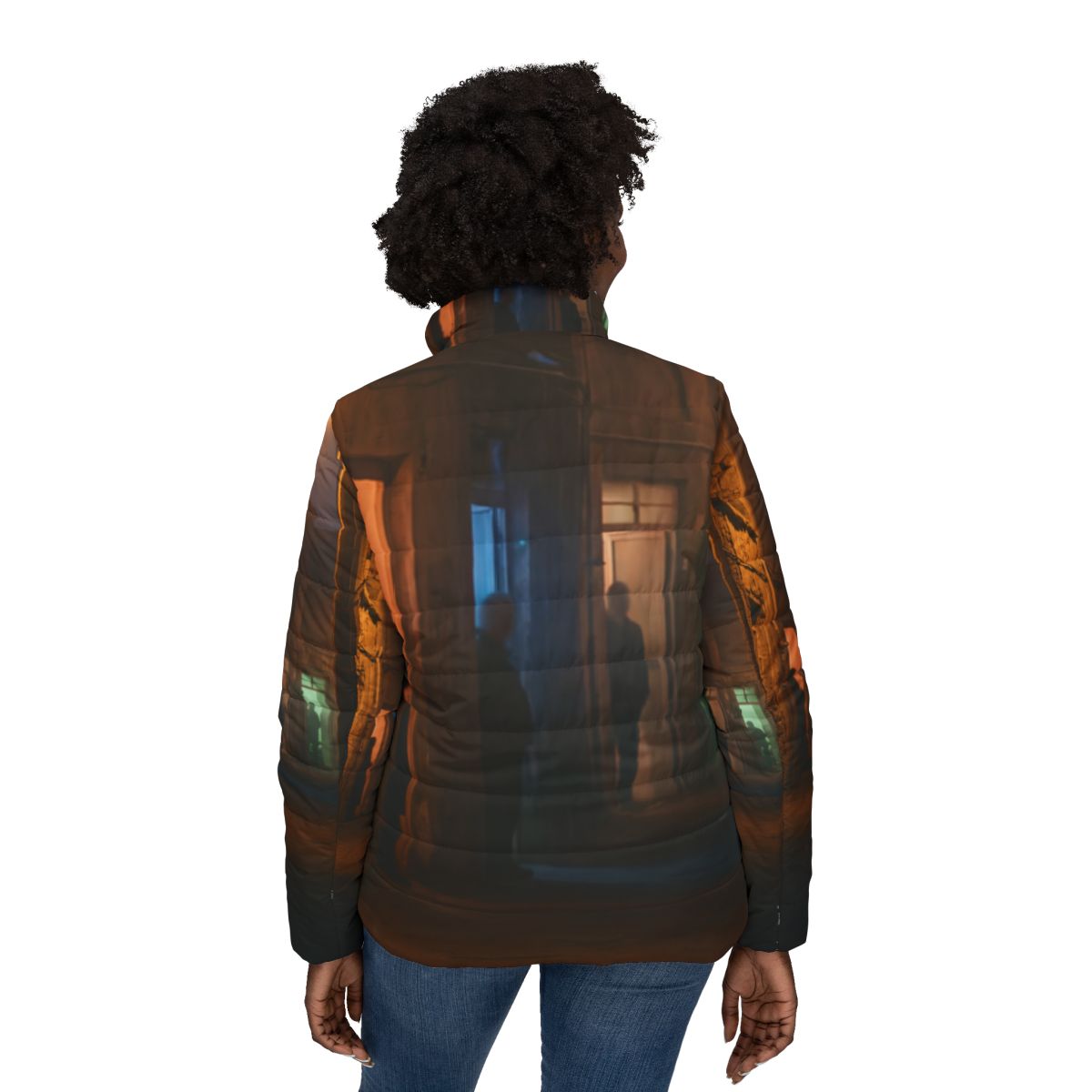 Women's Puffer Jacket - Shadowed Alleyway Mystery Art Print...