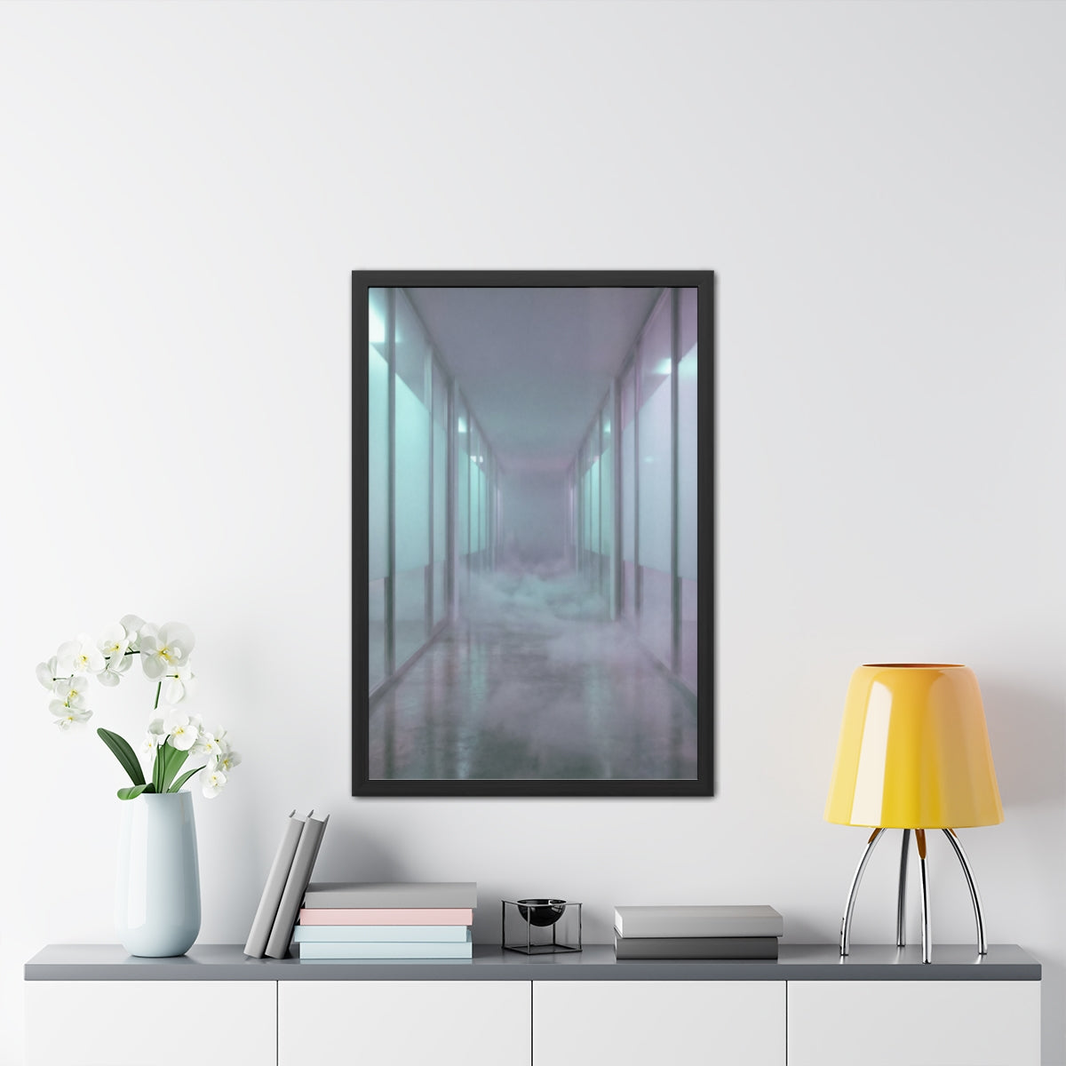 Framed Posters - Liminal Corridor Fog Art Print — Portrait...