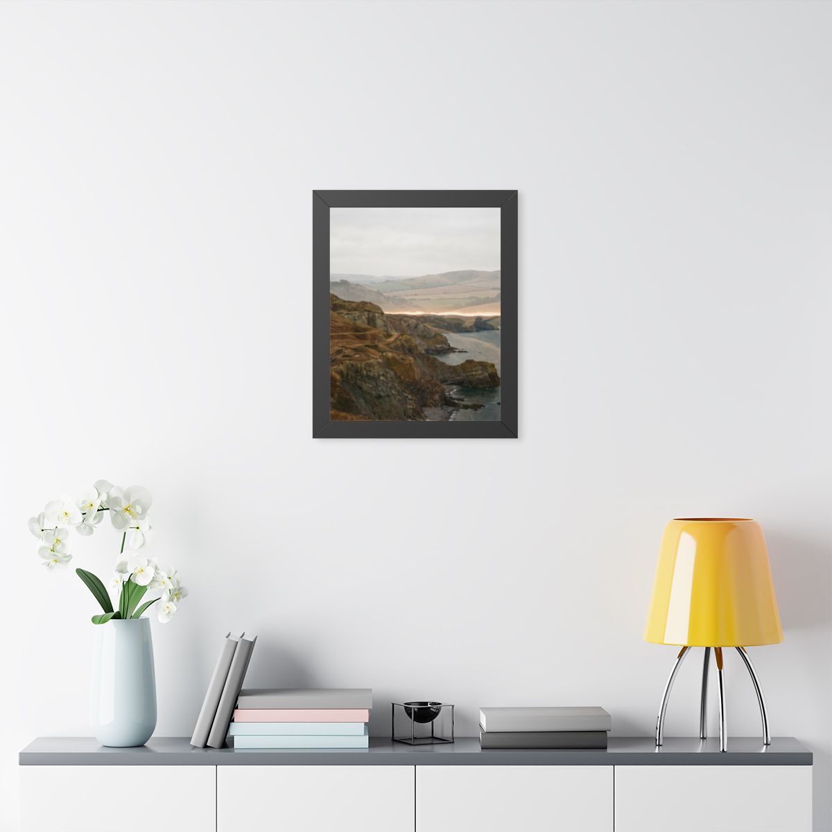 Framed Vertical Poster - Moody Coastal Cliffs Horizon Art —...