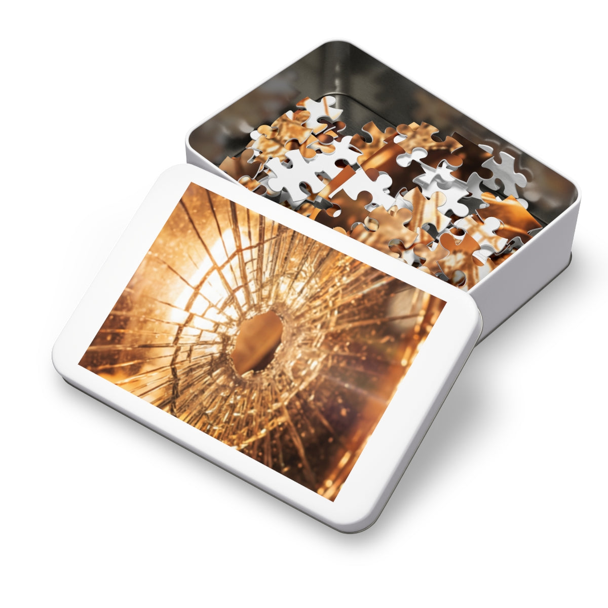 Jigsaw Puzzle with Tin - Golden Fractures Shattered Glass......