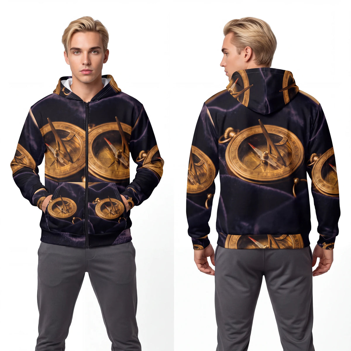 Men's Zip Hoodie Vintage Brass Sundial Art