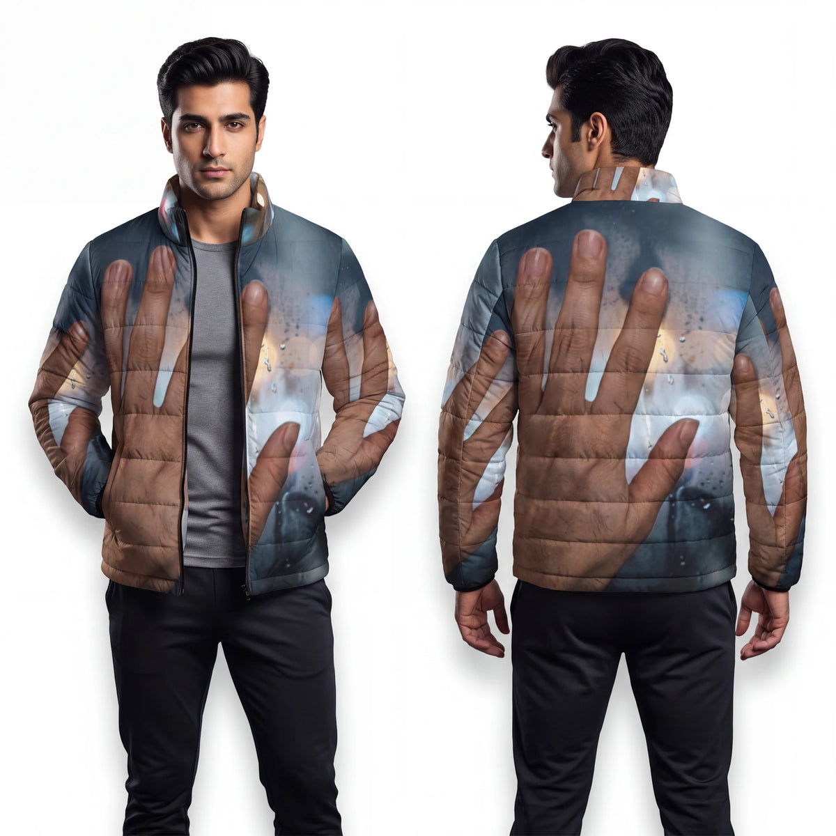 Men's Puffer Jacket Rainy Nocturnal City Art