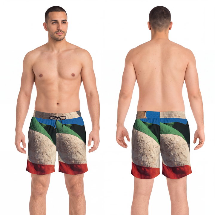 Men's Mid-Length Swim Shorts - Vintage Persian Lion and Sun Flag Art
