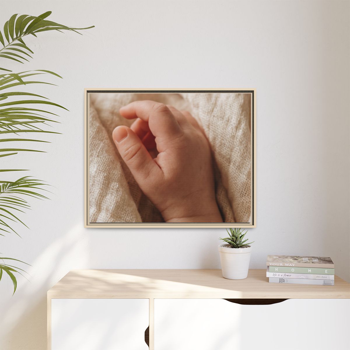 Matte Canvas, Framed - Tender Newborn Hand in Soft Muslin......