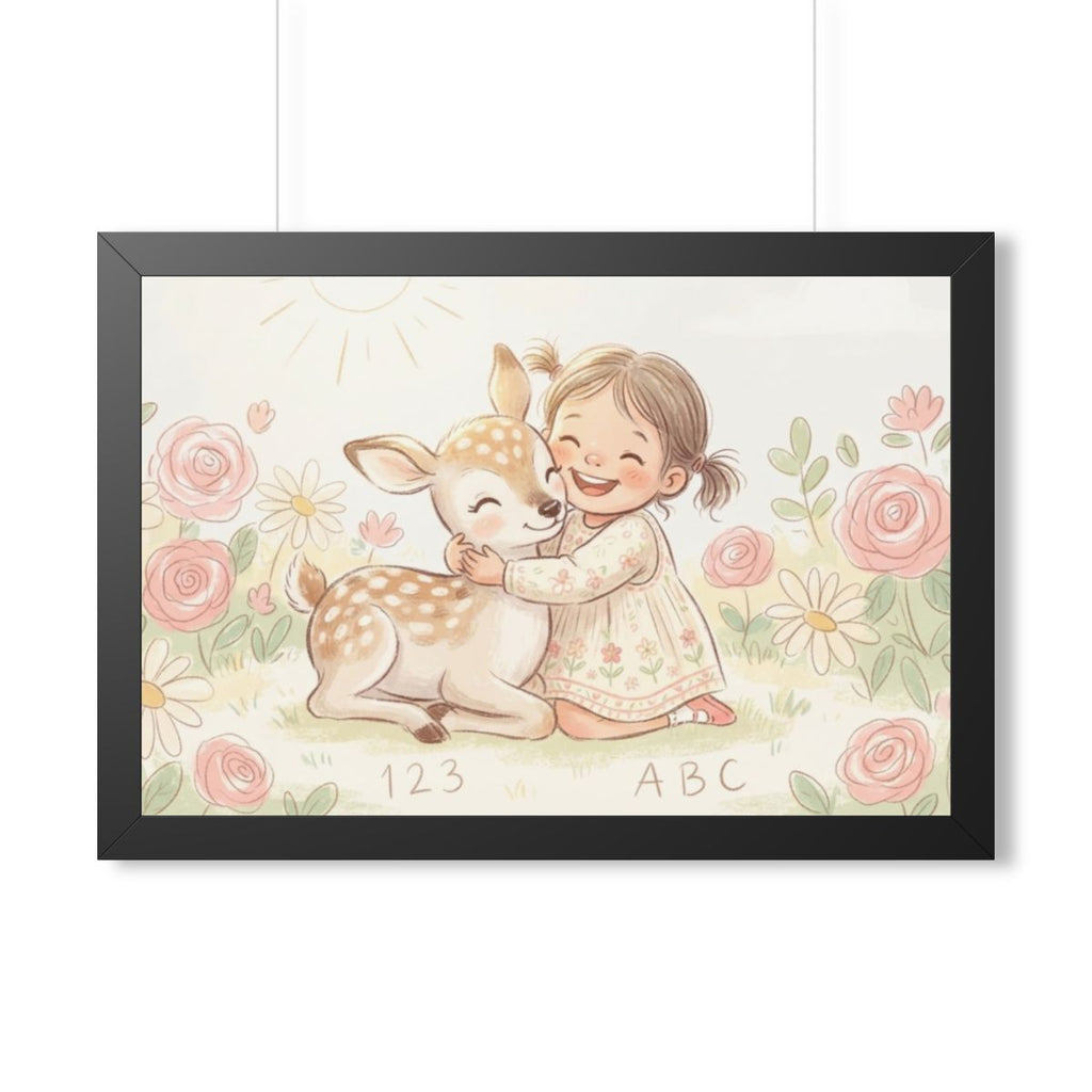 Framed Horizontal Poster - Gentle Hug Meadow Deer Art —... |...