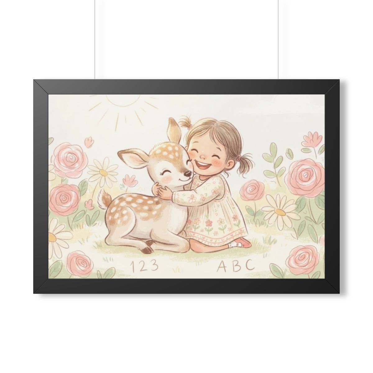Framed Horizontal Poster - Gentle Hug Meadow Deer Art —... |...