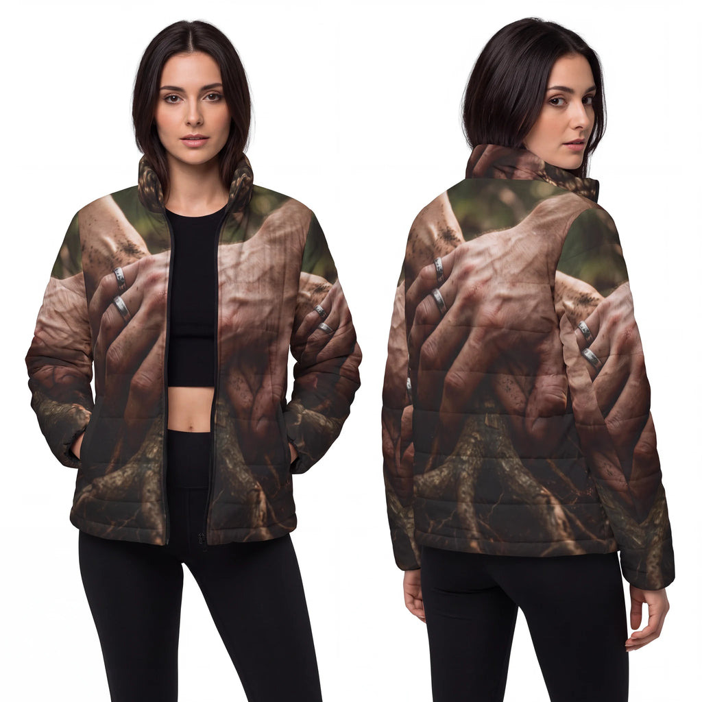 Women's Puffer Jacket with Forest Root Art