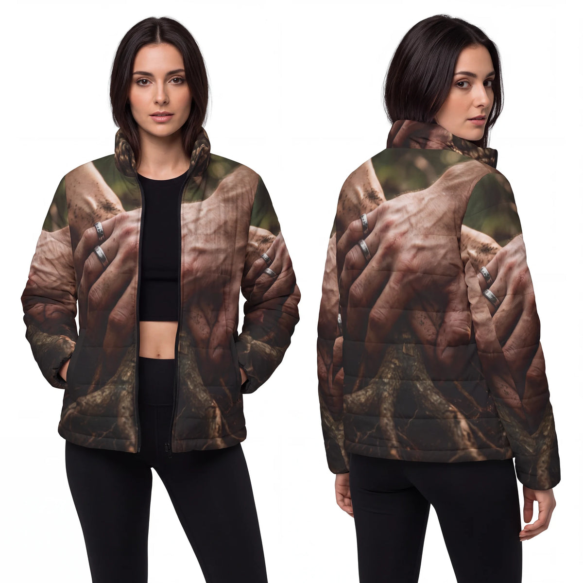 Women's Puffer Jacket with Forest Root Art