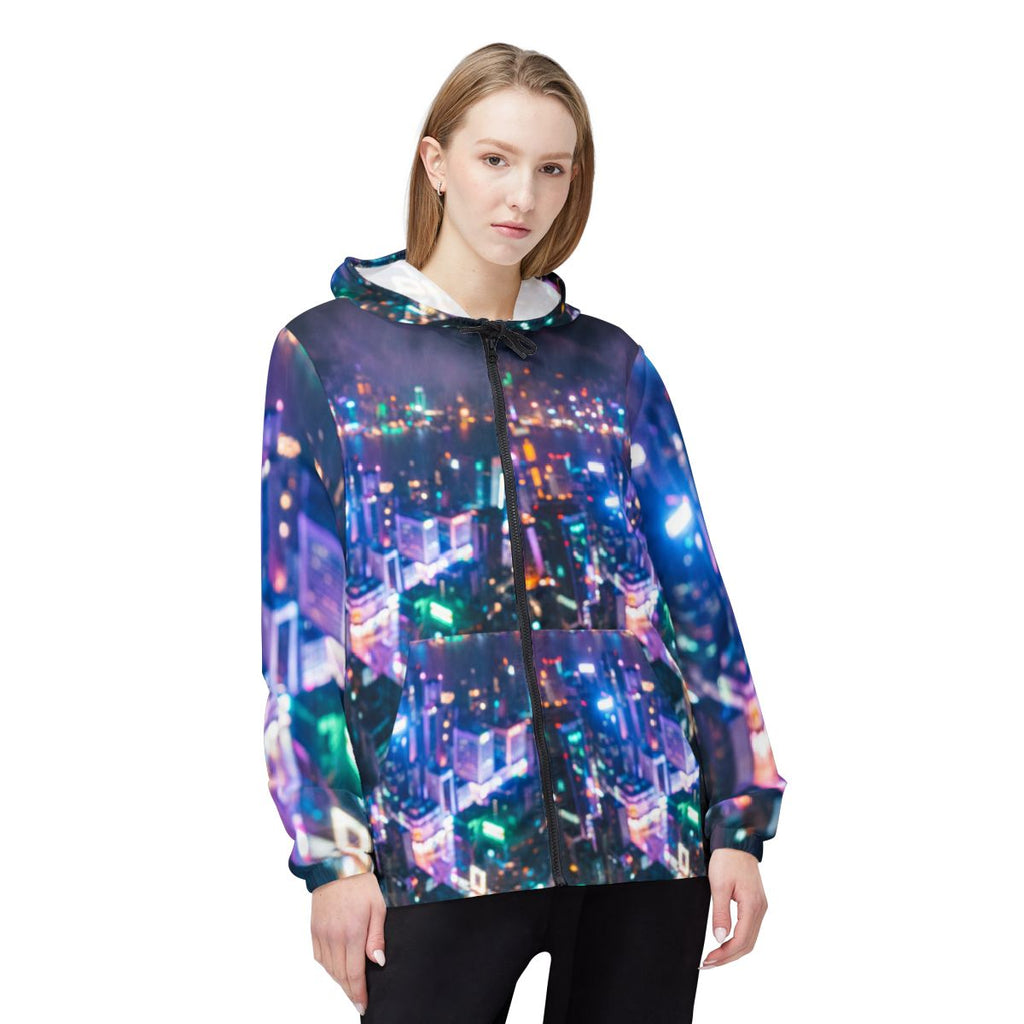 Unisex Windbreaker Jacket - Cyberpunk Neon City Silhouette |...