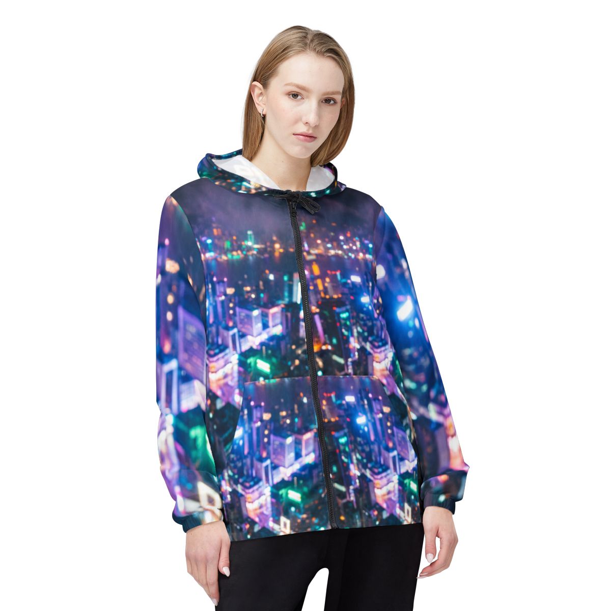 Unisex Windbreaker Jacket - Cyberpunk Neon City Silhouette |...